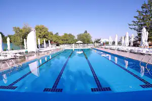 Schwimmbecken auf dem Campingplatz mit Liegen, Sonnenschirmen und Bäumen im Hintergrund.