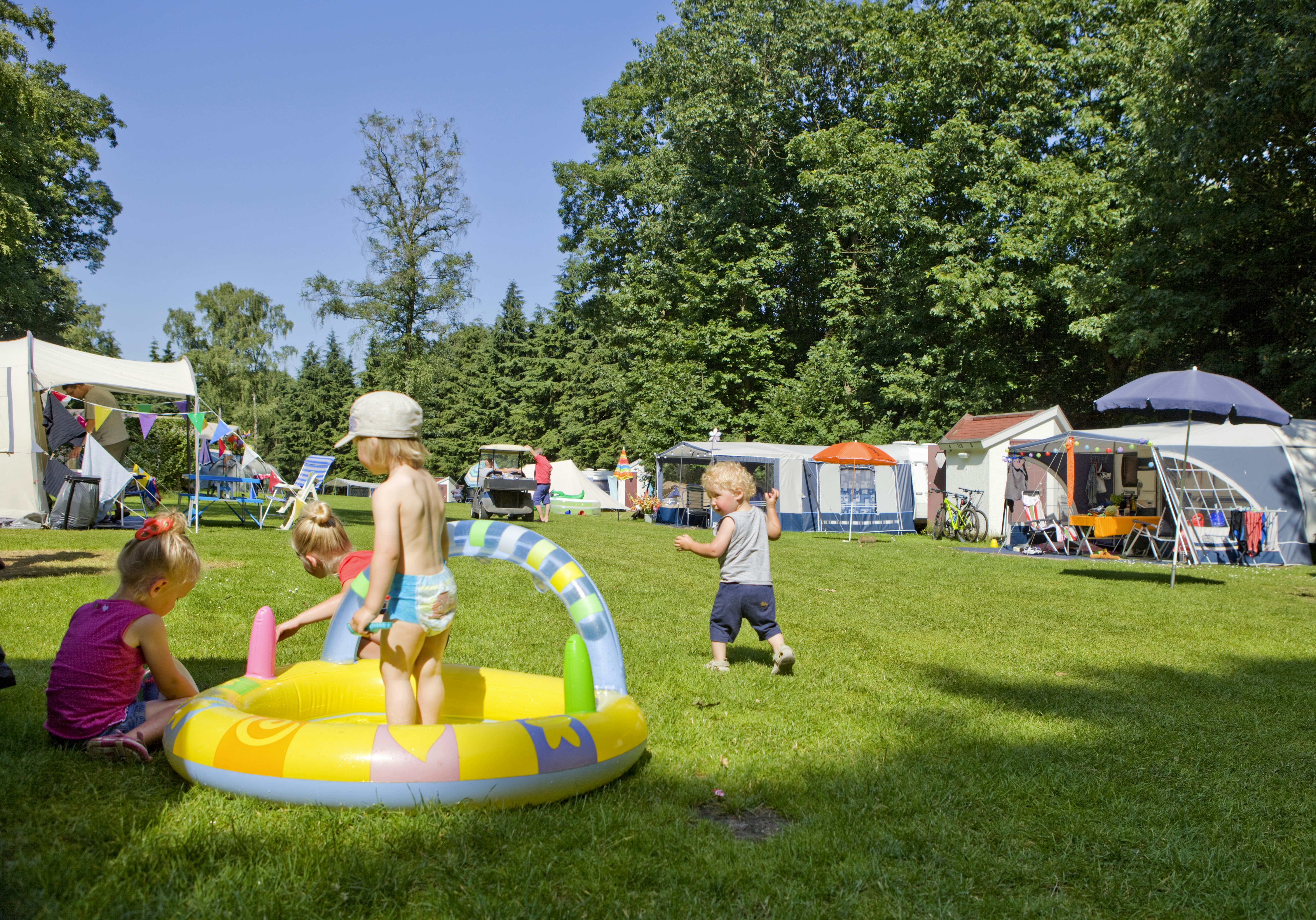 Spielende Kinder im Gras vor dem Zeltplatz auf dem Campingplatz Aan Veluwe