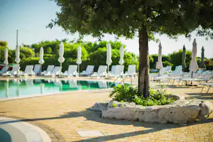 Poolbereich mit Liegen, Sonnenschirmen und gepflastertem Weg, im Hintergrund Hecken und ein großer Baum.