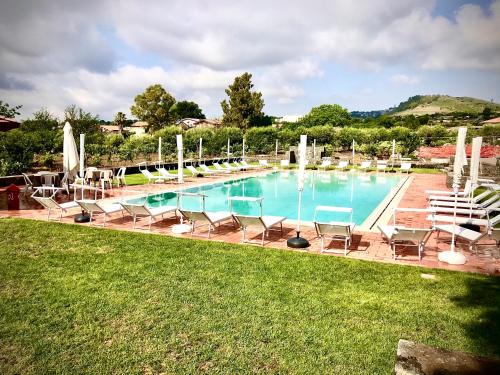 Schwimmbad mit mehreren Liegestühlen und Sonnenschirmen auf einer Rasenfläche, im Hintergrund Bäume und Hügel.