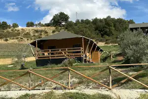 Glamping-Zelt mit Holzveranda und Geländer auf einem Campingplatz, umgeben von Wiese, Büschen und Bäumen.