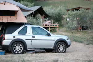 Camping-Van mit aufgestelltem Dachzelt am Stellplatz, im Hintergrund Holzterrasse und Bäume im grünen Gelände.