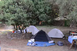 Zwei Campingzelte auf einem Stellplatz, mit Campingausrüstung und Tisch neben einem Steinwall, umgeben von Bäumen.