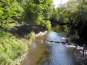 Fluss im Wald mit Uferböschung und Steinen, daneben ein schmaler Weg und Bäume am Campingplatz.