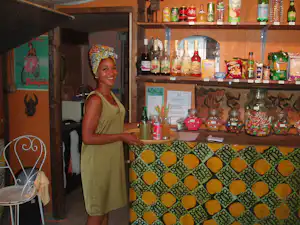 Frau steht an einer Bar mit Getränkeflaschen und Gläsern, im Hintergrund Regale und ein Schild an der Wand.