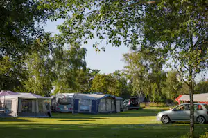 Reihe von Wohnwagen und Zelten auf einem Campingplatz, Rasenfläche und Bäume im Vordergrund, geparkte Autos daneben.