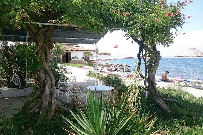 Altın-Camp  -  Restaurant vom Campingplatz mit Terrasse,  Strand mit Sonnenschirmen und Liegestühlen am Mittelmeer im Hintergrund