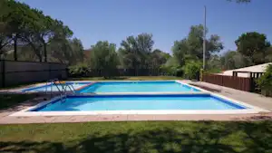 Schwimmbecken mit Leiter und Holzumrandung, Rasenfläche davor, Zaun und Bäume im Hintergrund.