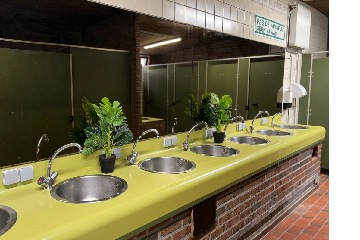 Gelbe Küchenzeile mit mehreren Spülbecken und Wasserhähnen, daneben Pflanzen im Topf und eine Wand mit Fliesen im Sanitärbereich.