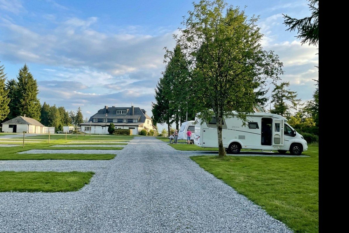Wohnmobil auf einem Campingplatz am Weg, mit Rasenflächen und Bäumen, im Hintergrund Häuser und ein Zaun.