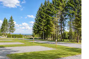 Grüner Campingplatz mit gepflegten Rasenflächen, Kieswegen und hohen Nadelbäumen vor weitem Blick in die Landschaft.