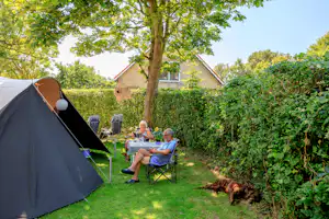 Ardoer Camping Duinoord aan Zee - Camper am Zelt auf dem Stellplatz vom Campingplatz auf grüner Wiese