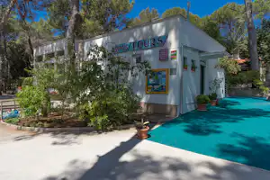 Camping-Unterkunft mit Pool im Vordergrund, weißes Gebäude mit Schildern, umgeben von Bäumen und Sträuchern.
