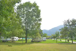 Baumreihe auf dem Campingplatz, Wohnmobile und Autos am Stellplatz, im Hintergrund Berge und Wiesen.