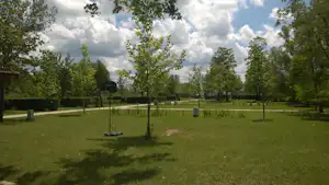 Badacsony Camping - Blick auf die Standplätze auf grüner Wiese mit vereinzelten Bäumen und Hecken