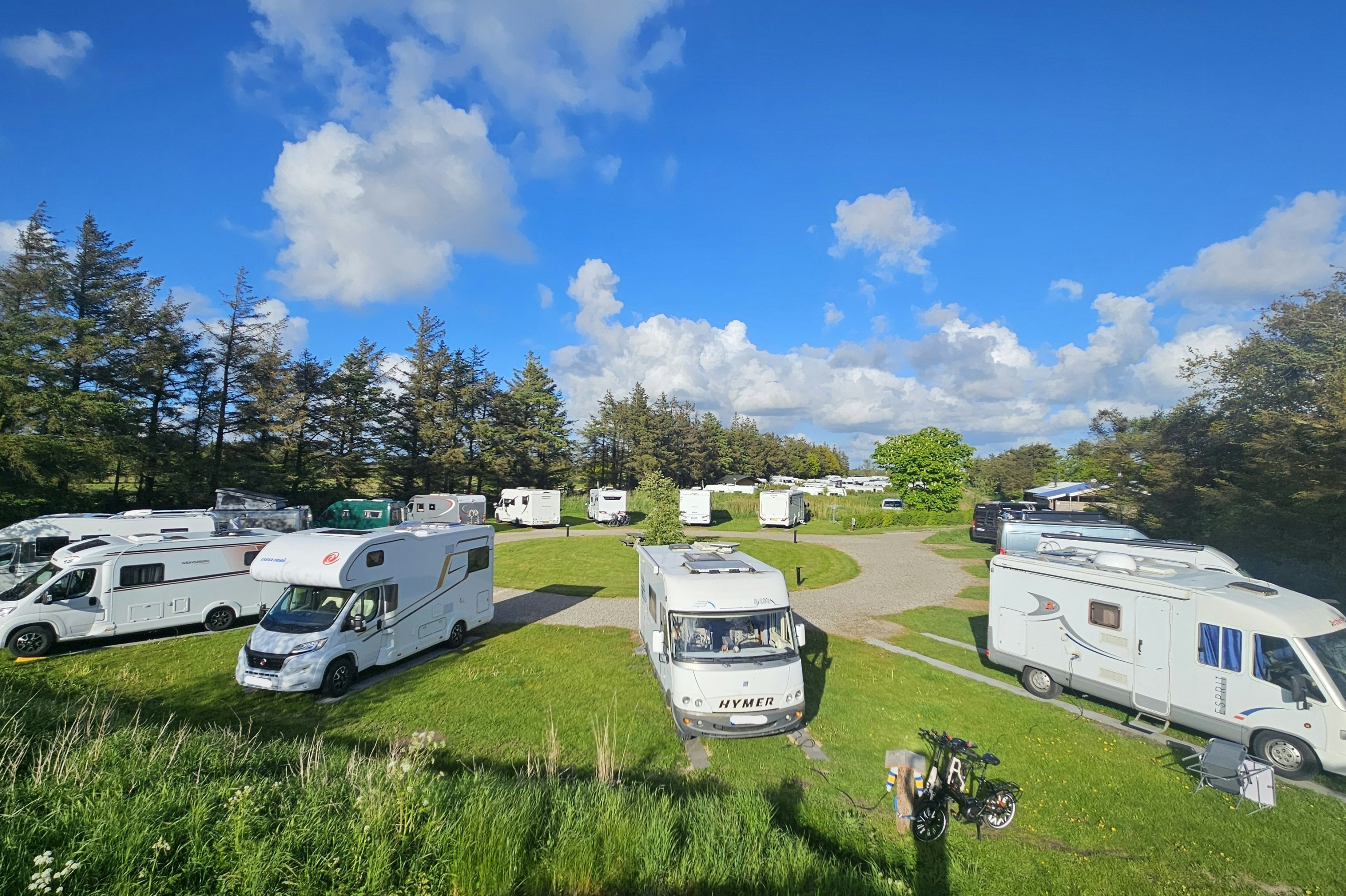 Wohnmobile auf einer Campingwiese, dazwischen ein Weg und Rasenflächen, im Hintergrund Bäume und ein heller Himmel.