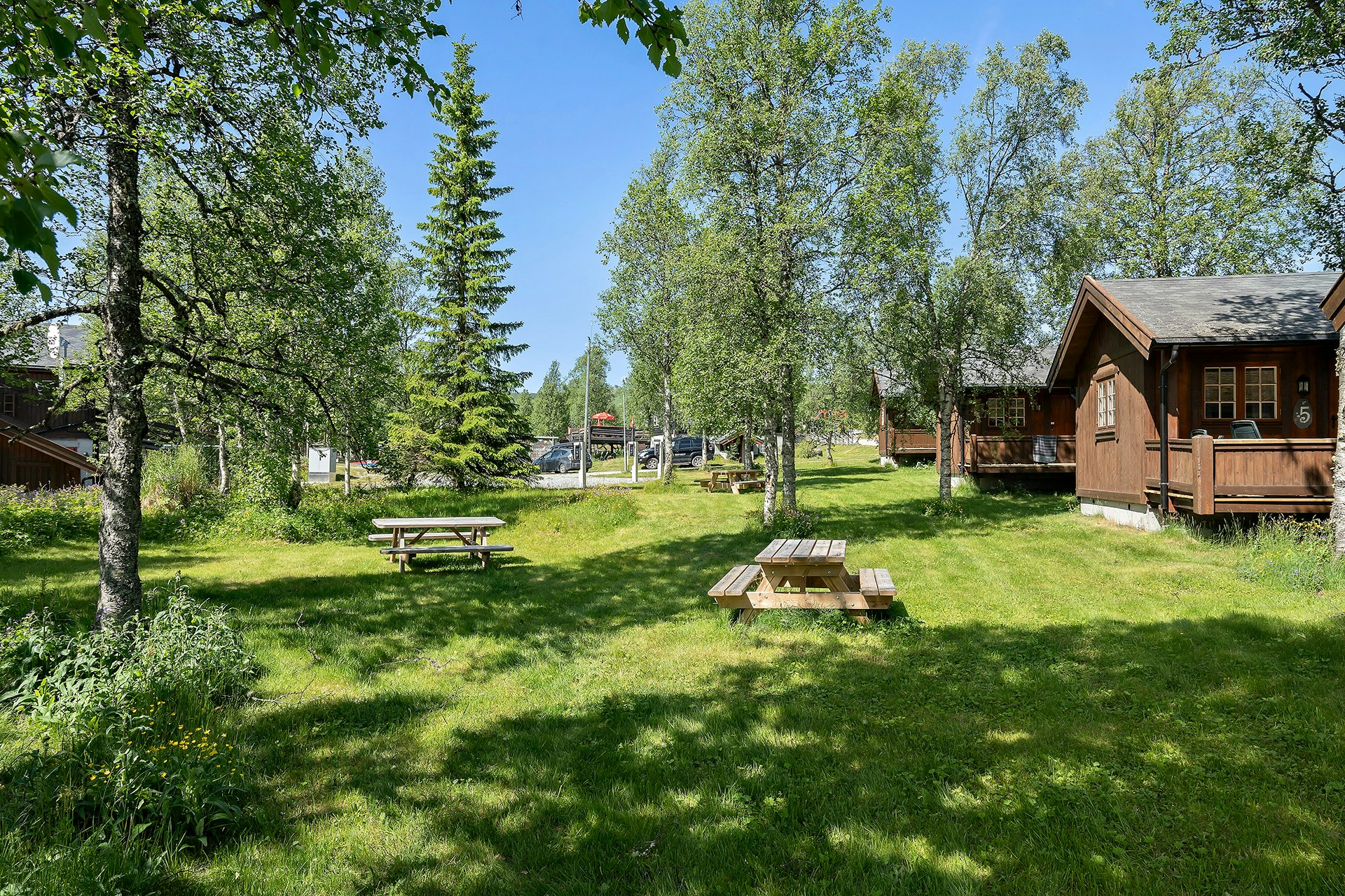 Holzhütten und ein Picknicktisch auf einer grünen Wiese im Campingbereich, umgeben von Bäumen und einem Weg.