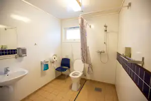 Badezimmer mit Dusche, WC und Waschbecken, Fliesenboden und Fenster, Handtuchhalter und Ablage im Wohnmobil-Stil.