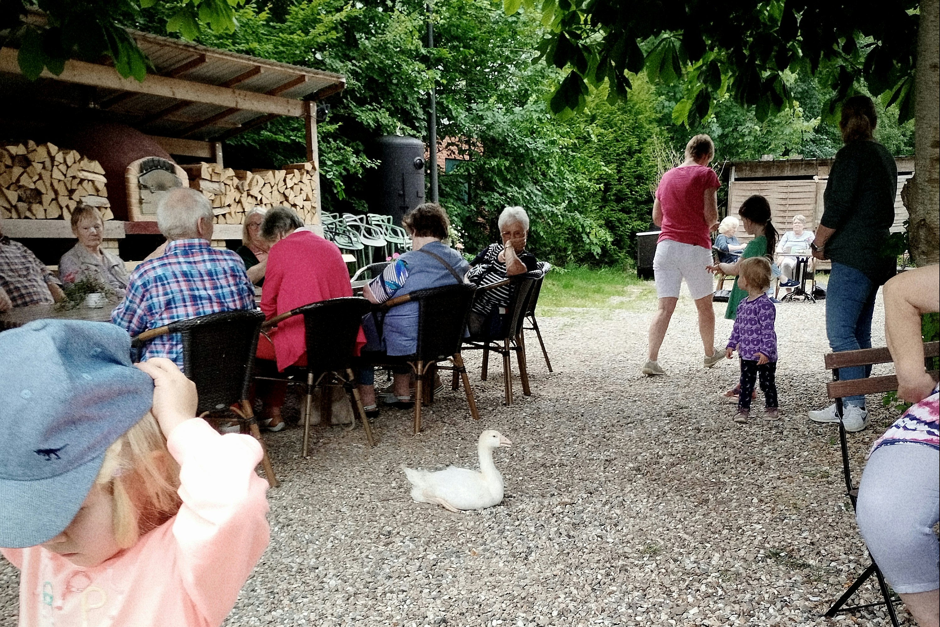 Big Birds Farm - Campinggäste sitzen gemeinsam auf der Terrasse des Campingplatzes