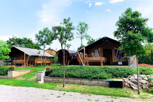Holzfass-Zelt mit Terrasse und Markise, umgeben von Bäumen und gepflegtem Rasen auf dem Campingplatz.