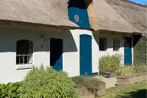 Reetgedecktes Ferienhaus mit blauen Türen und Fenstern, davor Rasen und Hecken im Garten.