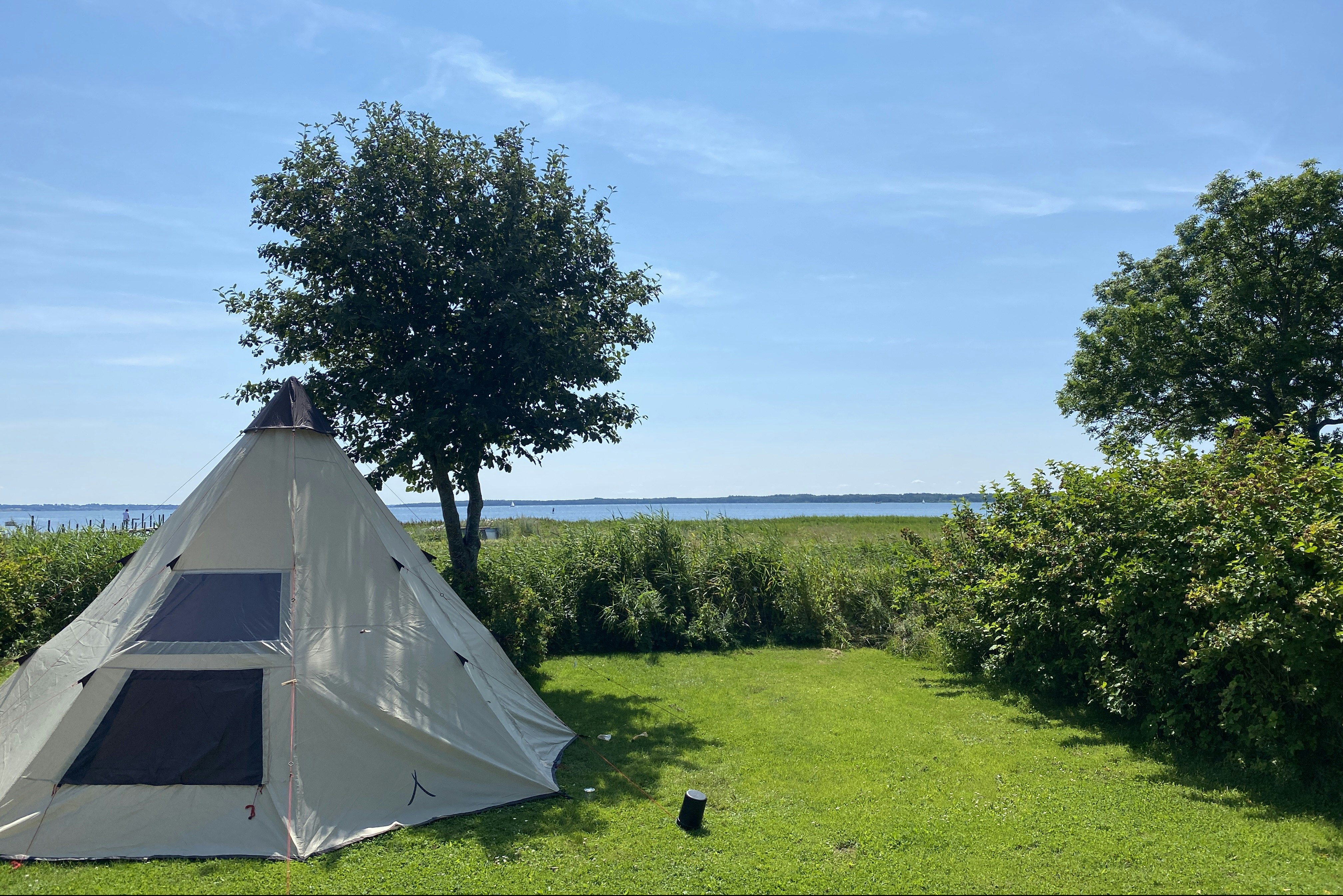 Byaasgaard Naturecamping & Microfarming - Zeltplatz auf der Wiese mit Blick auf den See
