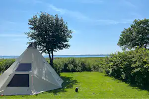 Byaasgaard Naturecamping & Microfarming - Zeltplatz auf der Wiese mit Blick auf den See