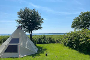 Byaasgaard Naturecamping & Microfarming - Zeltplatz auf der Wiese mit Blick auf den See