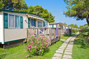 Camp Arena Stupice - Mobilheime mit Veranden an einem Fussweg auf dem Campingplatz