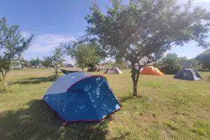 Blaues Campingzelt auf einer grünen Wiese, im Hintergrund weitere Zelte und ein Baum am Campingplatz.