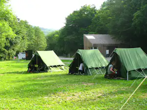 Grüne Campingzelte auf einer Wiese, im Hintergrund ein Holzgebäude und dichtes Grün im Tal.