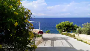 Weg am Campingplatz mit Meerblick, Bäume und Blumen am Rand, am Ende ein Strandabschnitt.