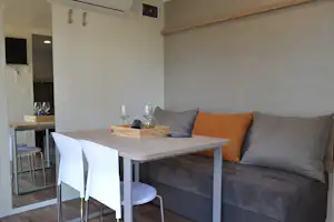 Wohnbereich mit grauem Sofa, Esstisch mit Gläsern und Stühlen sowie Blick in die Küchenzeile im Campingunterkunft.