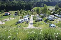 Camp MondSeeLand  -  Wohnwagen- und Zeltstellplatz zwischen Bäumen auf dem Campingplatz