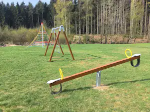 Spielplatz mit Klettergerüst und Schaukel auf grünem Rasen, im Hintergrund hoher Wald mit Birken.