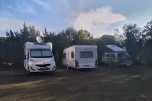 Zwei Wohnmobile stehen auf einem Campingplatz auf einer Wiese, im Hintergrund Bäume und ein weiteres Fahrzeug.