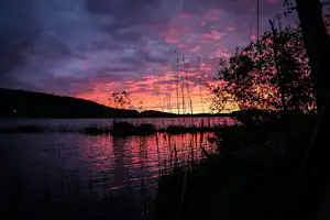 See bei Sonnenuntergang mit rötlichem Himmel, Schilf am Ufer und dunklen Bäumen im Vordergrund.