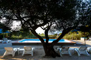 Camp Waterman Beach Village - Pool im Freien mit Liegestühlen und Sonnenschirmen