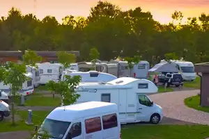 Reihe von Wohnmobilen auf einem Campingplatz-Parkplatz, mit Kiesweg, Rasenflächen und Bäumen im Abendlicht.