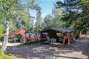 Holz-Mobilheime mit überdachter Terrasse, Stühlen und Tisch im Campingplatz, umgeben von Bäumen und grünem Gelände.