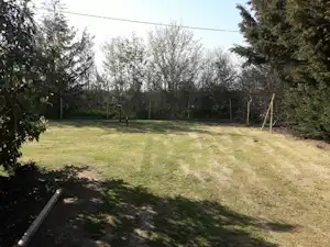 Grüne Campingwiese mit Bäumen und Hecken am Rand, daneben ein schmaler Weg und ein Zaun im Hintergrund.