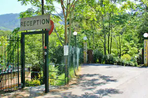 Rezeption-Schild am Camping-Eingang, Zaun und Weg im Grünen mit Bäumen und Lampe entlang der Straße.