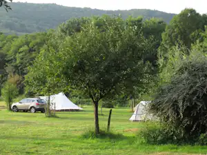 Zelte auf einer grünen Wiese zwischen Bäumen, im Hintergrund Hügel und Berge, ein Auto am Zeltplatz.