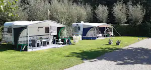 Mehrere Campingzelte auf einem grünen Rasen, mit Sitzbereich und Tischen, im Hintergrund Bäume und Hecken.