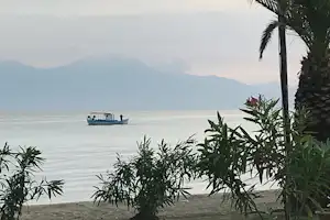 Blick vom Campingplatz auf den See mit einem Boot und Palmen im Vordergrund.