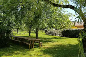 Grüner Campinggarten mit Rasen, Bäumen und einer Holzbank am Weg, Hecke und gelbes Gebäude im Hintergrund.