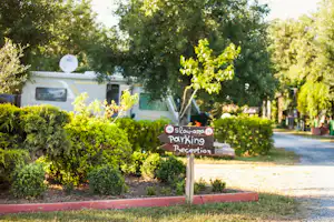 Wegweiser mit Aufschrift „Parking“ und „Rezeption“ vor Büschen, Wohnmobilen und einem Campingweg im Grünen.