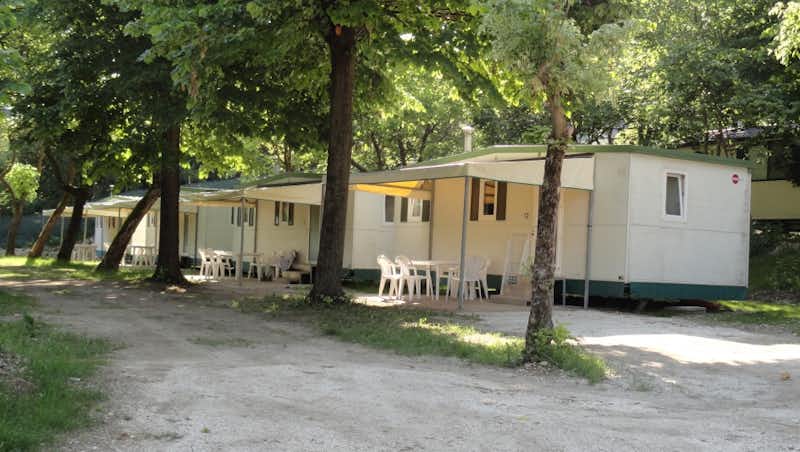 Camping Al Lago - Mobilheime mit Vordach an einer Allee auf dem Campingplatz
