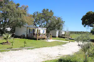 Camping-Bungalows mit Holzterrassen, gepflegtem Rasen und Kieswegen, umgeben von Bäumen und Sträuchern im Freien.