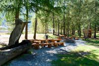 Camping Alphubel - Feuerstelle und Sitzgelegenheiten unter Bäumen auf dem Campingplatz